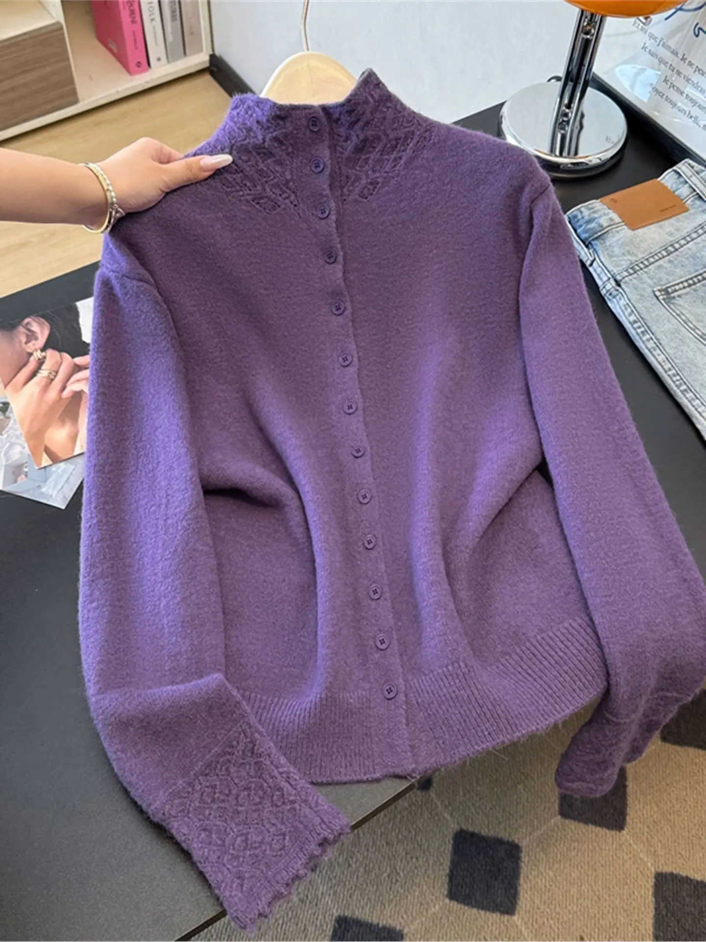 

Фиолетовый кружевной длинный вязаный свитер Све High Ne, женский красивый зимний топ большого размера, толстый мм, супер красивый вид