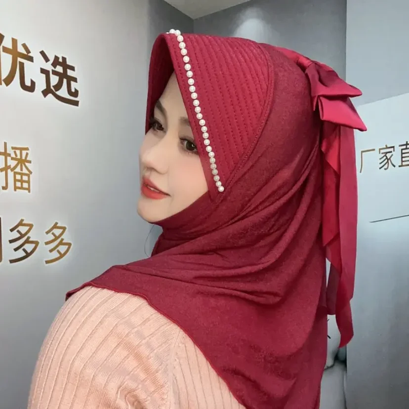 Muslim Sweet Cute Girls Big Bow Pearl Sponge Hat Hijab