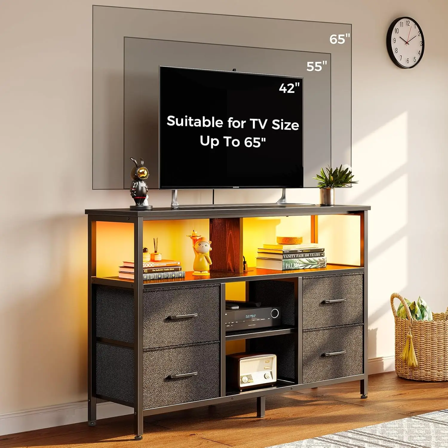 NEW TV Stand with Power Outlets and LED Light, 4 Fabric Drawers Entertainment Center for 32/45/55/65 inch TVs,Black image 4