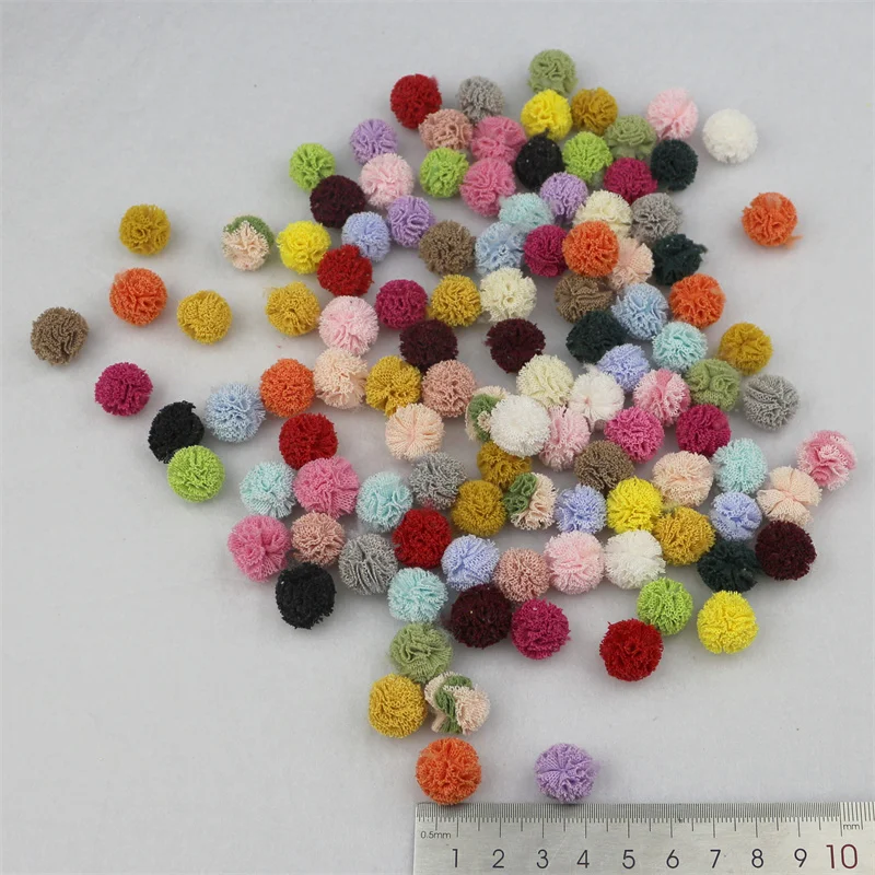 100 sztuk 15mm elastyczna koronka szyfonowy kwiat kulki sztuka DIY nakrycia głowy łuk akcesoria odzież szyta ręcznie kapelusz buty Decor gaza pompony