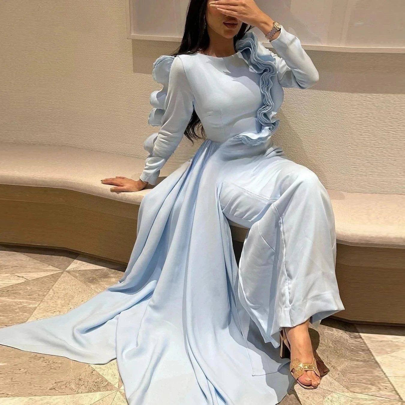 Sky Blue Evening Dresses O Neck Ruffles Floor-Length Long Sleeves Elegant Formal Party Dress vestidos para mujer فساتين طويلة