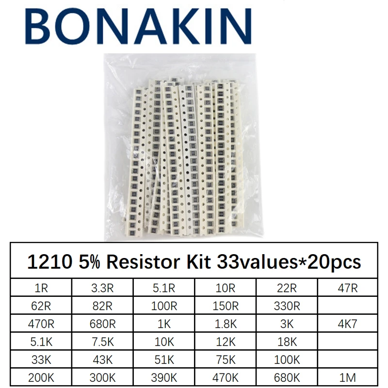 各種smd抵抗キット、1ohm-1m、オーム、5% 、33x20pcs = 660個、diyキット、1210