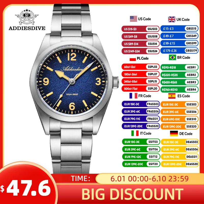 

ADDIESDIVE Luxury Quartz Watch New Sapphire C3 Luminous 36mm Men Watch 2035 Movement Diving 100m Waterproof 316L Stainless Steel
