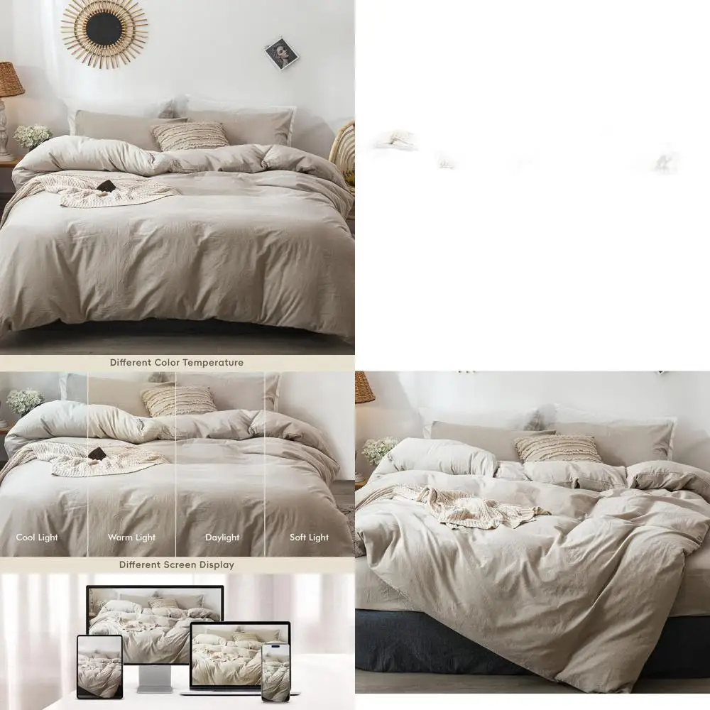 

Bedding Duvet Cover Set 100% Washed Cotton Linen Like Textured Breathable Durable Soft Comfy (Heathered Tannish Linen Grey, King