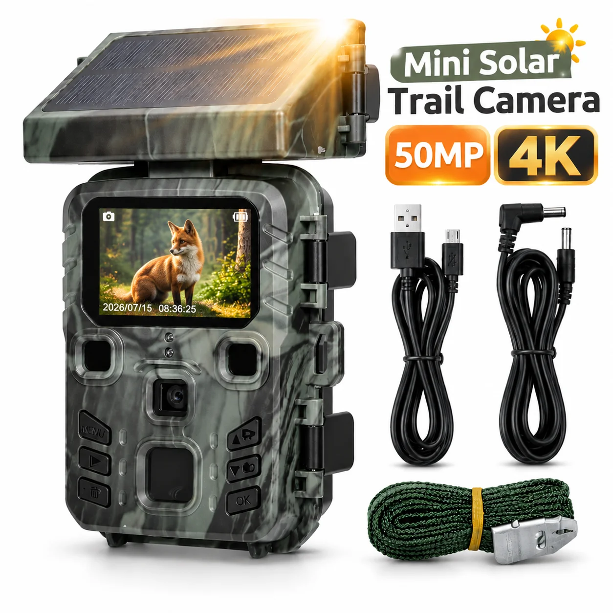 Mini Solar Trail Camera 4K 50MP 850nm Low-Glow LEDs Night Vision Waterproof Wildlife Camera for Hunting Outdoor Monitoring