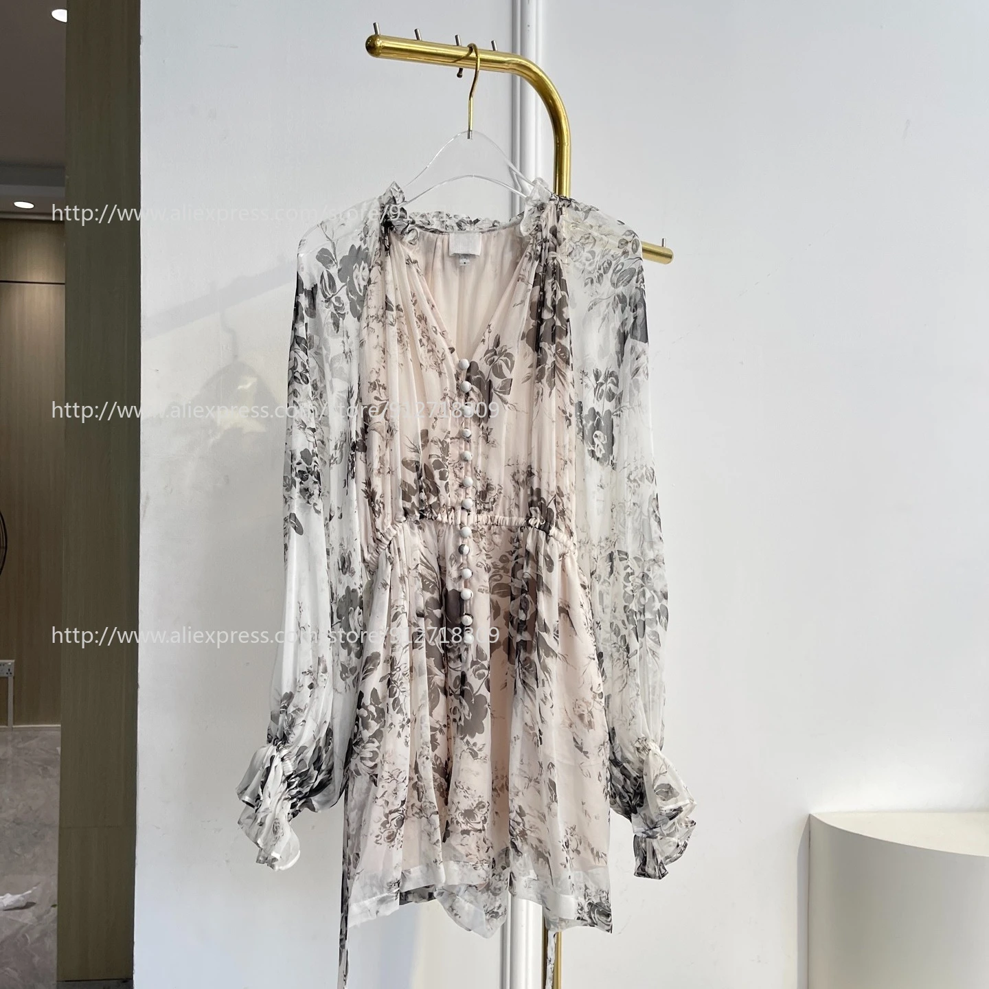 

2026 Women Clothes White Grey Floral Print Long Sleeve Mini Female Jumpsuit