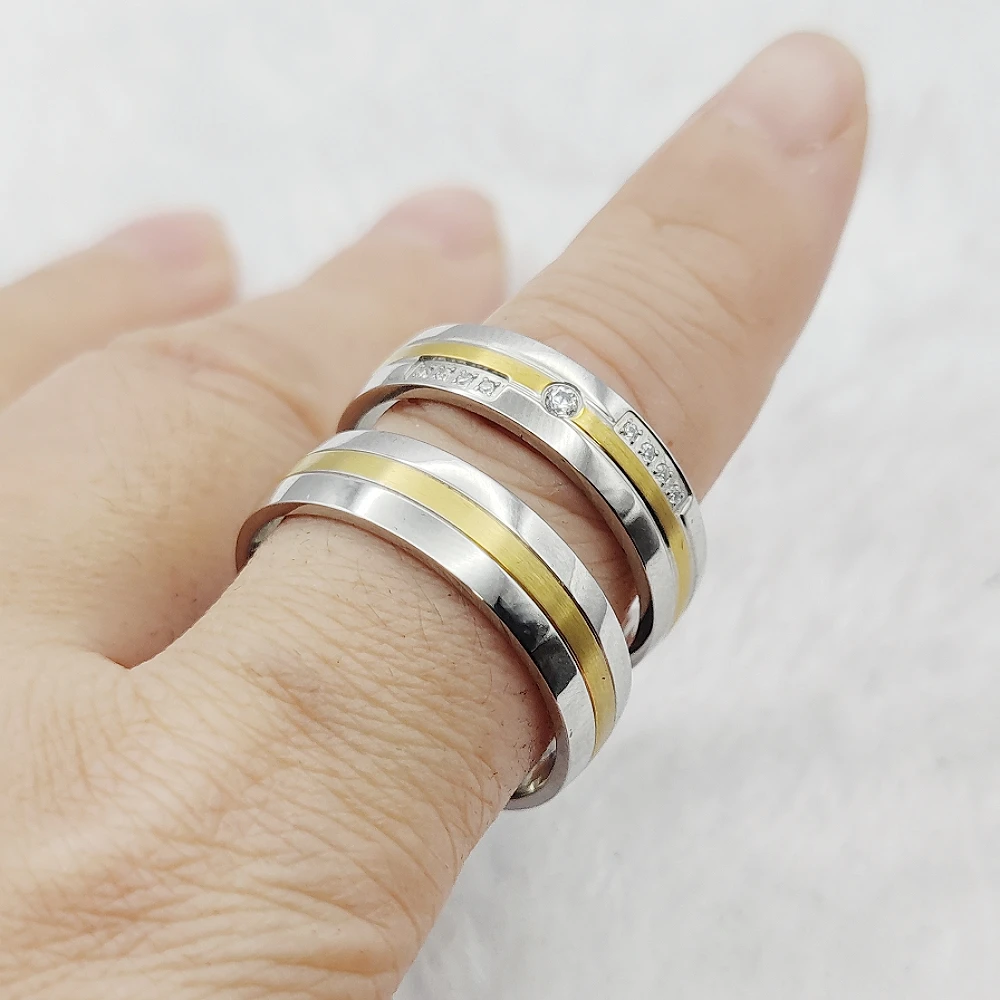 Hypoallergenic His and Hers Matching Pair Wedding Bands Couple Rings For Men and Women Silver Gold Two Tone Bridal Sets