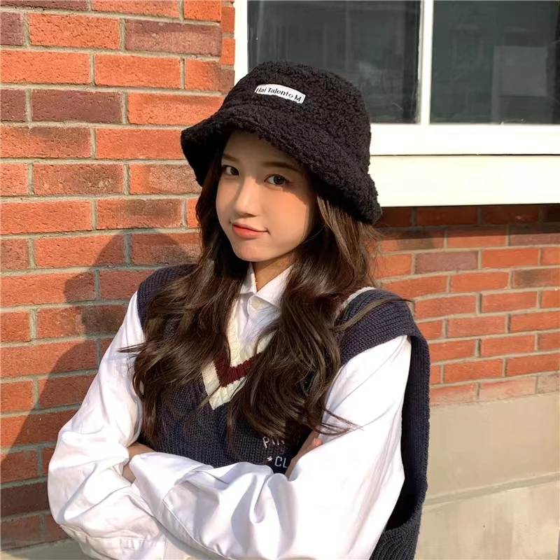 Winter Lamb Fleece Pot Hat for Men and Women Solid Color Warm and Cold Protection Teddy Plush Hat Bucket Hat Panama Men