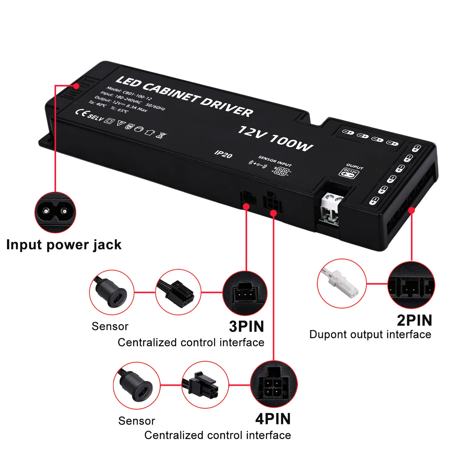 LED Lighting Transformer Cabinet Light Driver 36W 60W 100W 150W Power Supply Dupont Port for LED Strip Closet Shelf Light DC12V