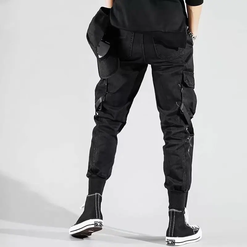 Classic Streetwear Hip Hop Joggers Men Letter Ribbons Cargo Pants Pockets Track Tactical Casual Male Trousers Sweatpant K116