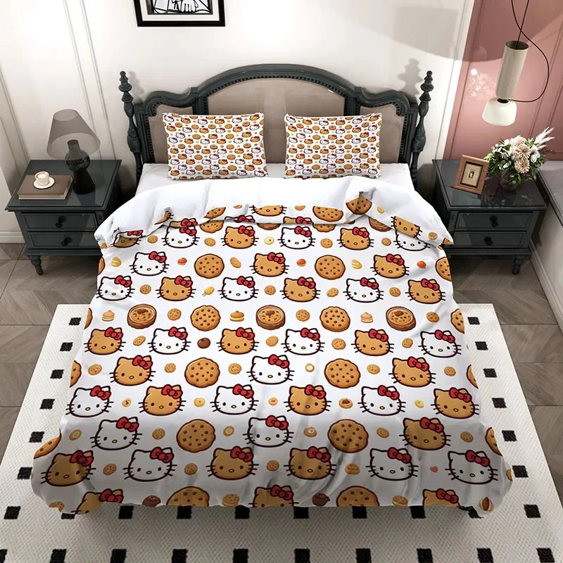 Hello Kitty 3Pcs Bed Set, 3D Print All Over Cookie Kitty Cartoon Microfiber Duvet Cover For Kids Girls Bedroom Decor