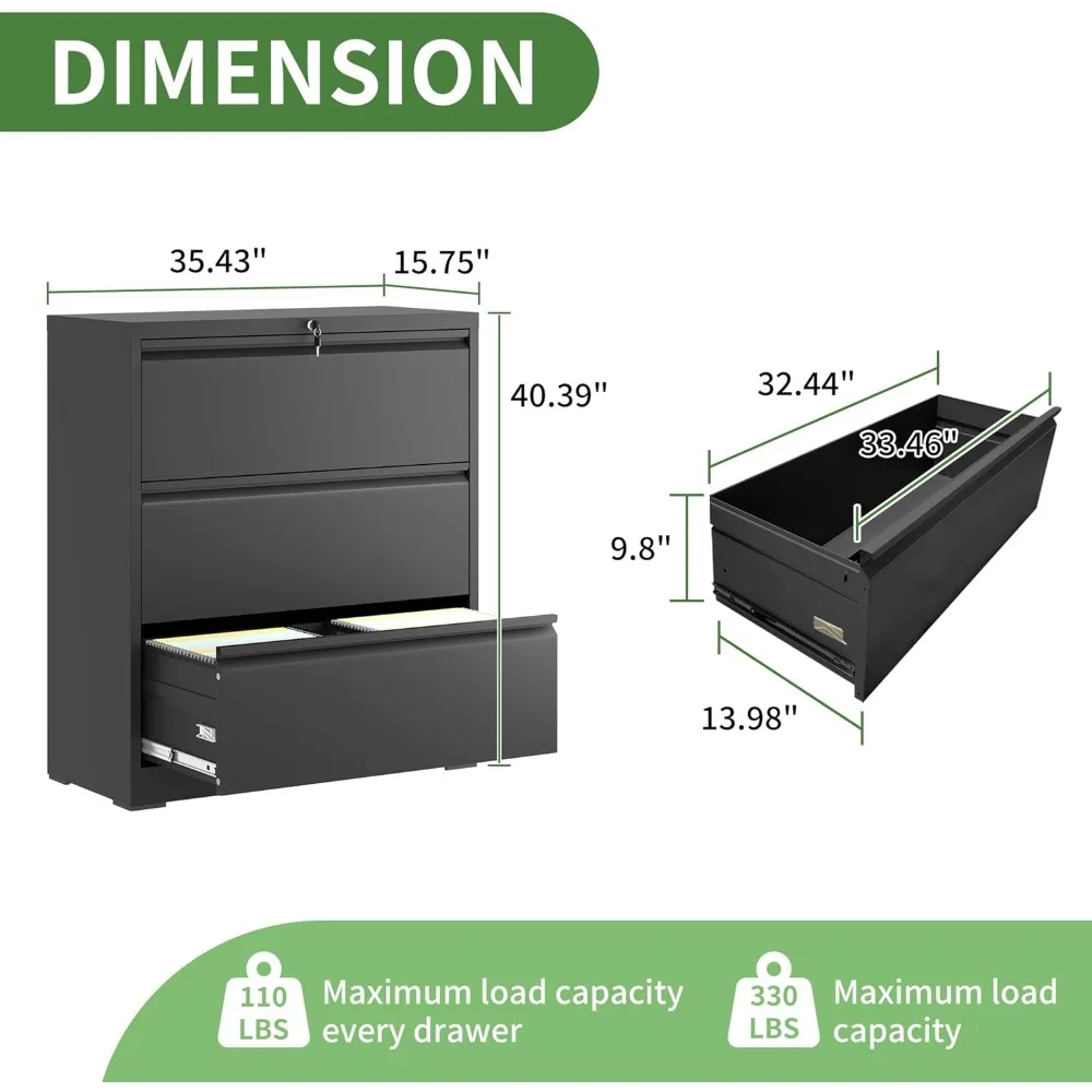 Secure 3-Drawer Metal File Cabinet for Home Office, Letter/Legal Size Hanging Files Storage Solutions