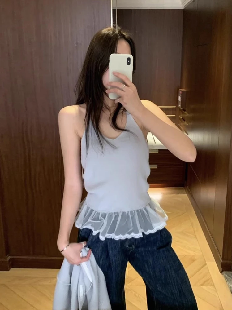 Colete de Tricô com Renda Sweet Spring, Conjunto F de Duas Peças io e Confortável com Gola ter, Estilo Primavera...