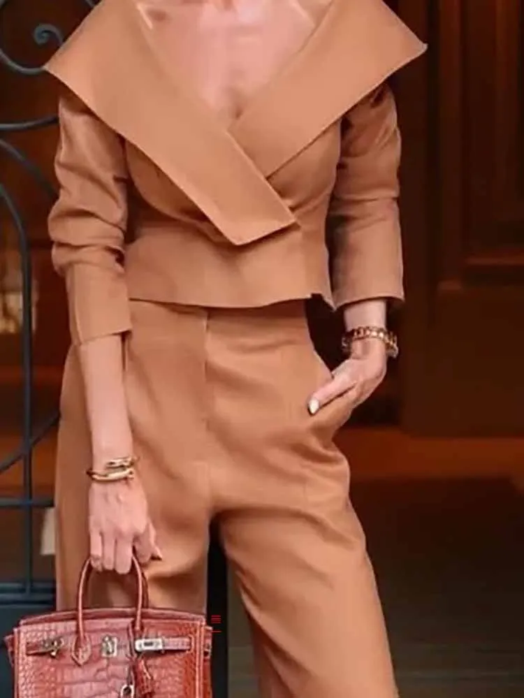 

Сексуальный драпированный наряд без рукавов с v-образным вырезом, офисный элегантный топ и брючный костюм с карманами, женский модный свободный однотонный комплект из 2 предметов с высокой талией