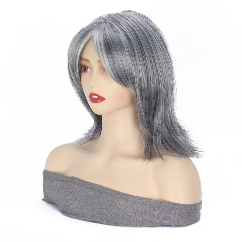 Synthetic Gray Mixed Silver Wigs Long Layered Wigs With Middle Part Bangs for Women Daily Party Use Fake Hair