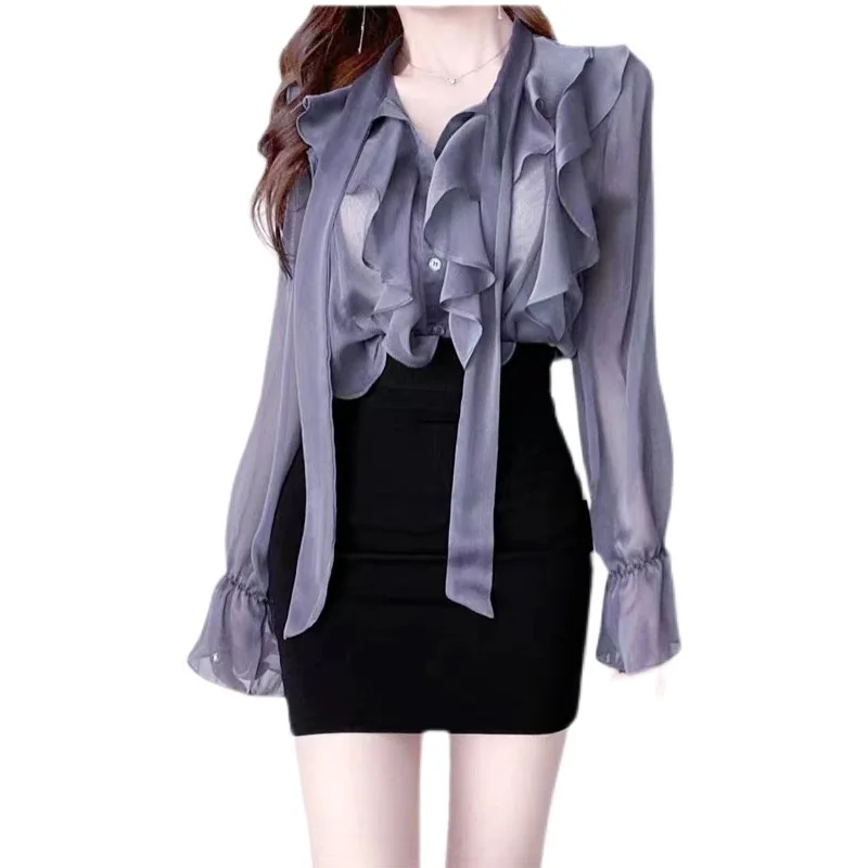 Korean Style Female See-through Blouse Lightweight Long Flare Sleeve Ruffles Patchwork Office Lady Shirts Sexy Women Chiffon Top