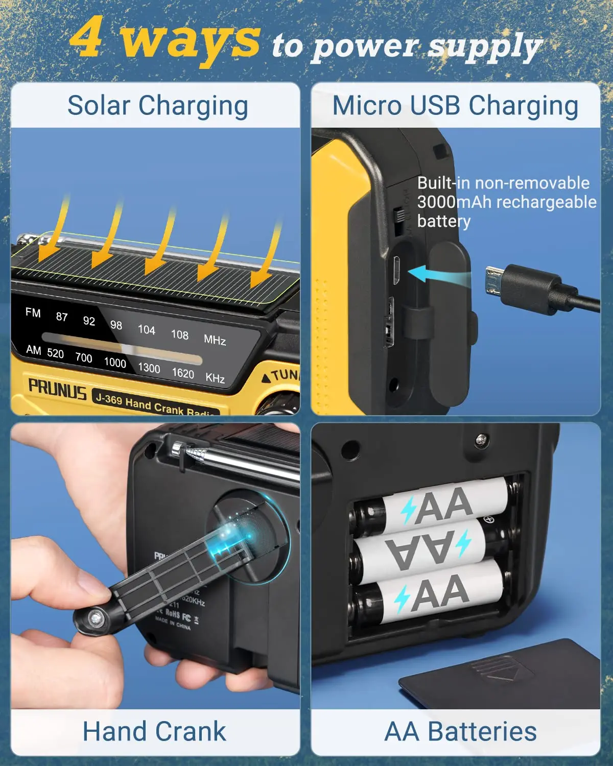 Portátil de Emergência AM/FM Rádio, Manivela, USB, Pilhas AA, Tocha Recarregável, Lâmpada de Leitura, SOS Alarme para Emergências