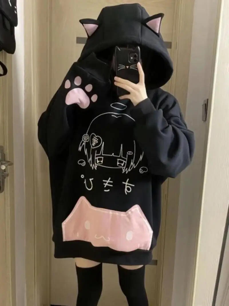 Japanse Y2K Cartoon Print Fleece Hoodies Vrouwen Harajuku Gothic Kat Oren Capuchon Vintage Hoody Streetwear Esthetische Sweatshirt