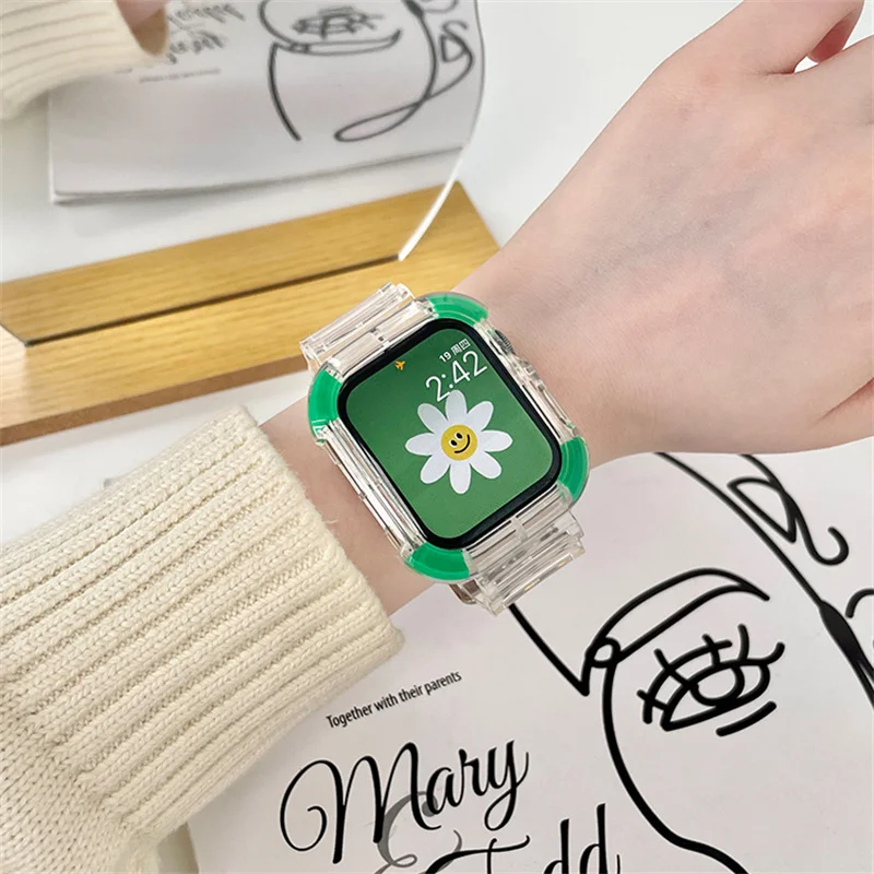 Case+Strap Transparent Band For Apple Watch Series 8 7 6 SE 5 4 3 Transparent Bracelet For Iwatch 41mm 45mm 42mm 38mm 40mm 44mm