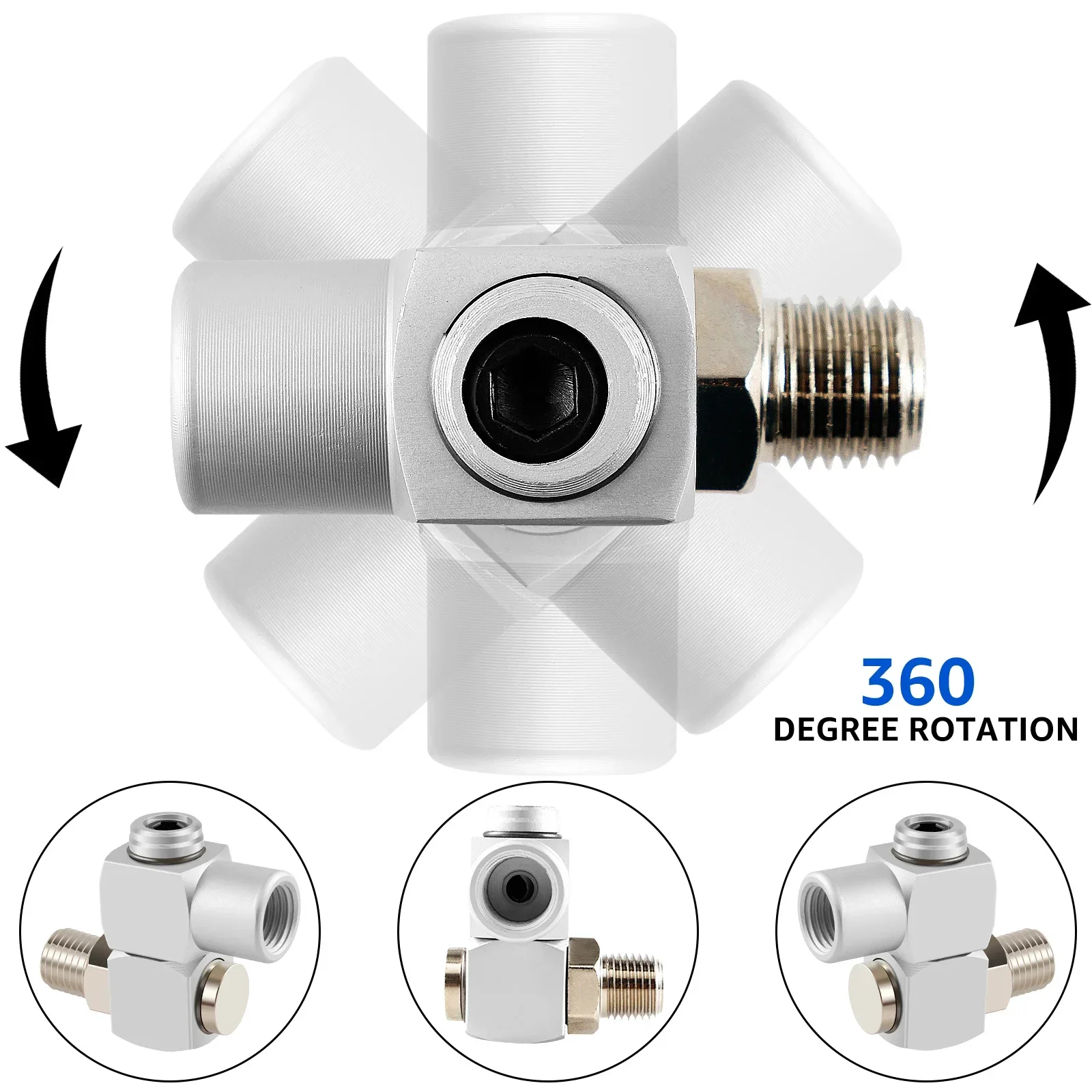 4 buah alat udara Fitting putar, alat konektor selang udara putar 1/4 inci NPT 360 °, adaptor konektor 150PSI Max, alat udara aluminium untuk kompresor