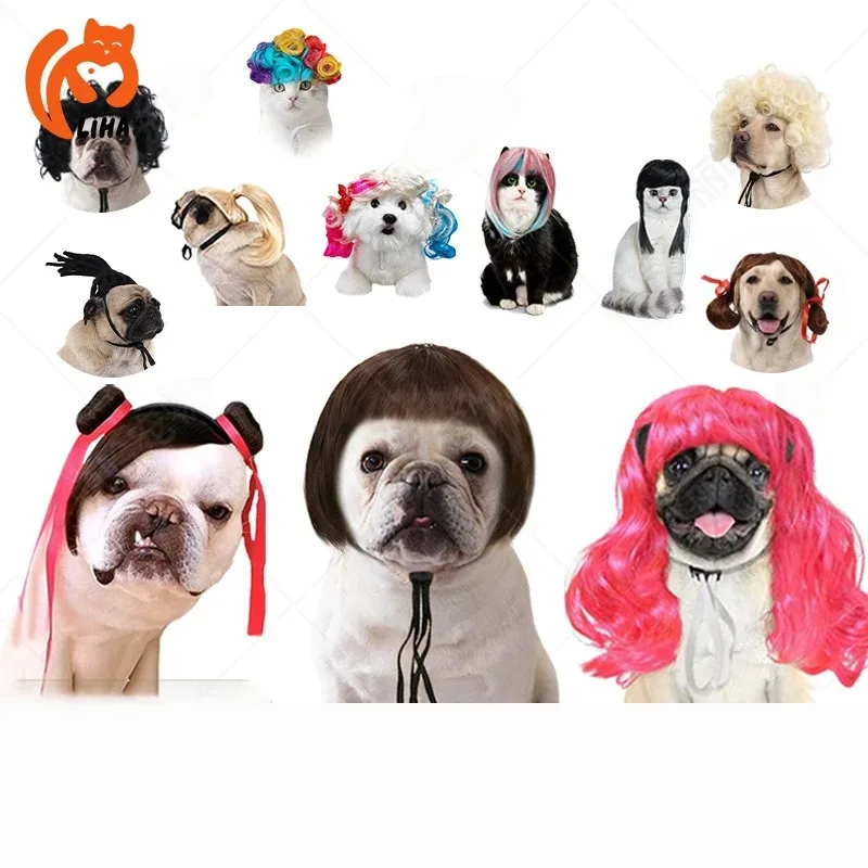 Creative Funny Pet Wig Bob Head with Neat Bangs Cosplay Costume Props Cute Dress Up Headwear for Small Dog Cat Party Use