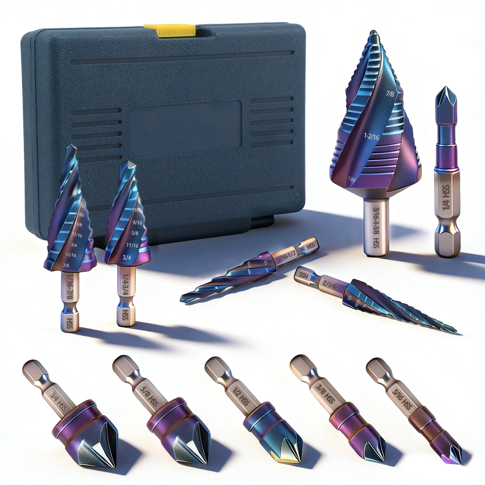 

Набор из 5 спиральных ступенчатых сверл и 6 зенкеров с ящиком для инструментов, сверла HSS для металла, алюминия, дерева