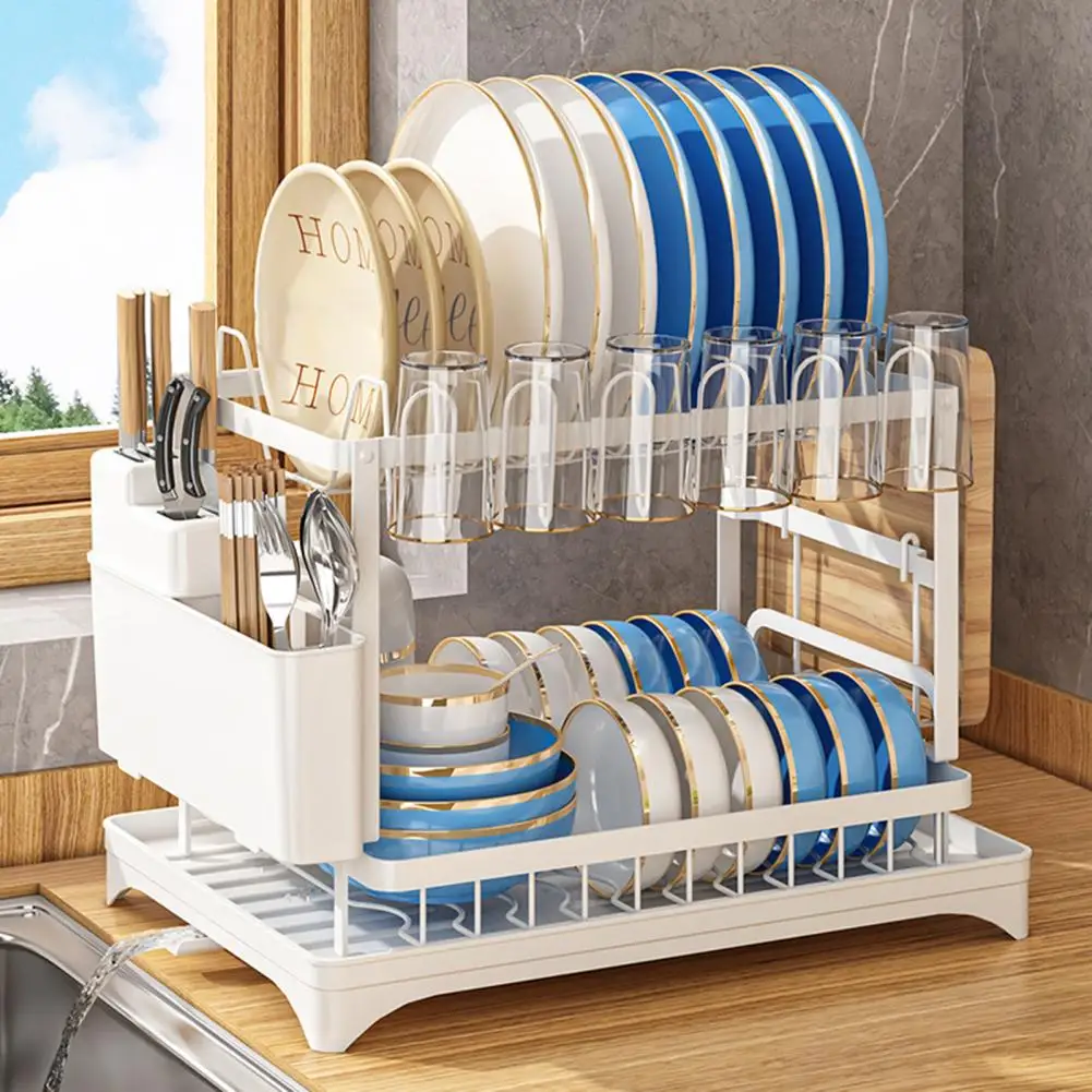 Kitchen Dish Rack Double-layer Dish Drying Rack with Drainboard Capacity Multifunctional Utensil Holder for Glasses Strong