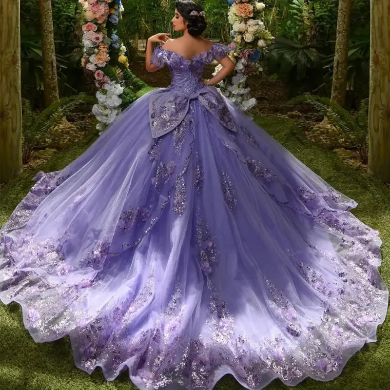 Роскошное розовое/Сиреневое платье Quinceanera 2024, бальное платье принцессы с 3D цветами, милые платья 15 лет, женское платье с большим бантом