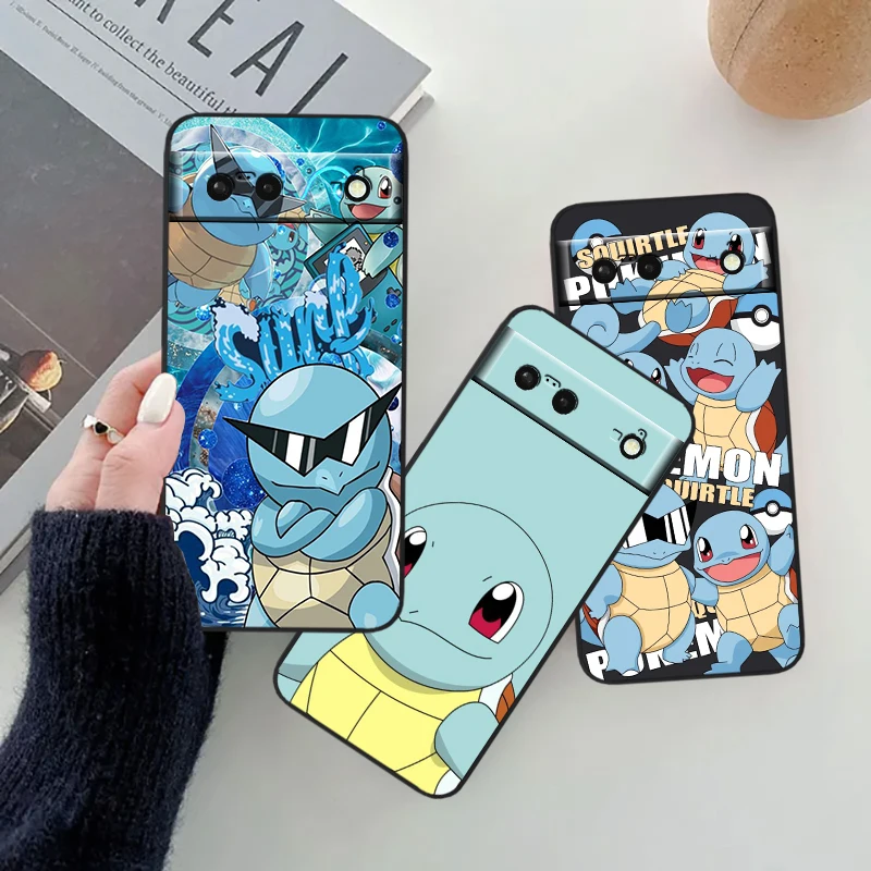 P-Pokemon Cute Johnny Turtle For Google Pixel 8 7A 7 6A 6 5A 5 4 4A XL 5G Black Silicon Shockproof Shell Cover Phone Case