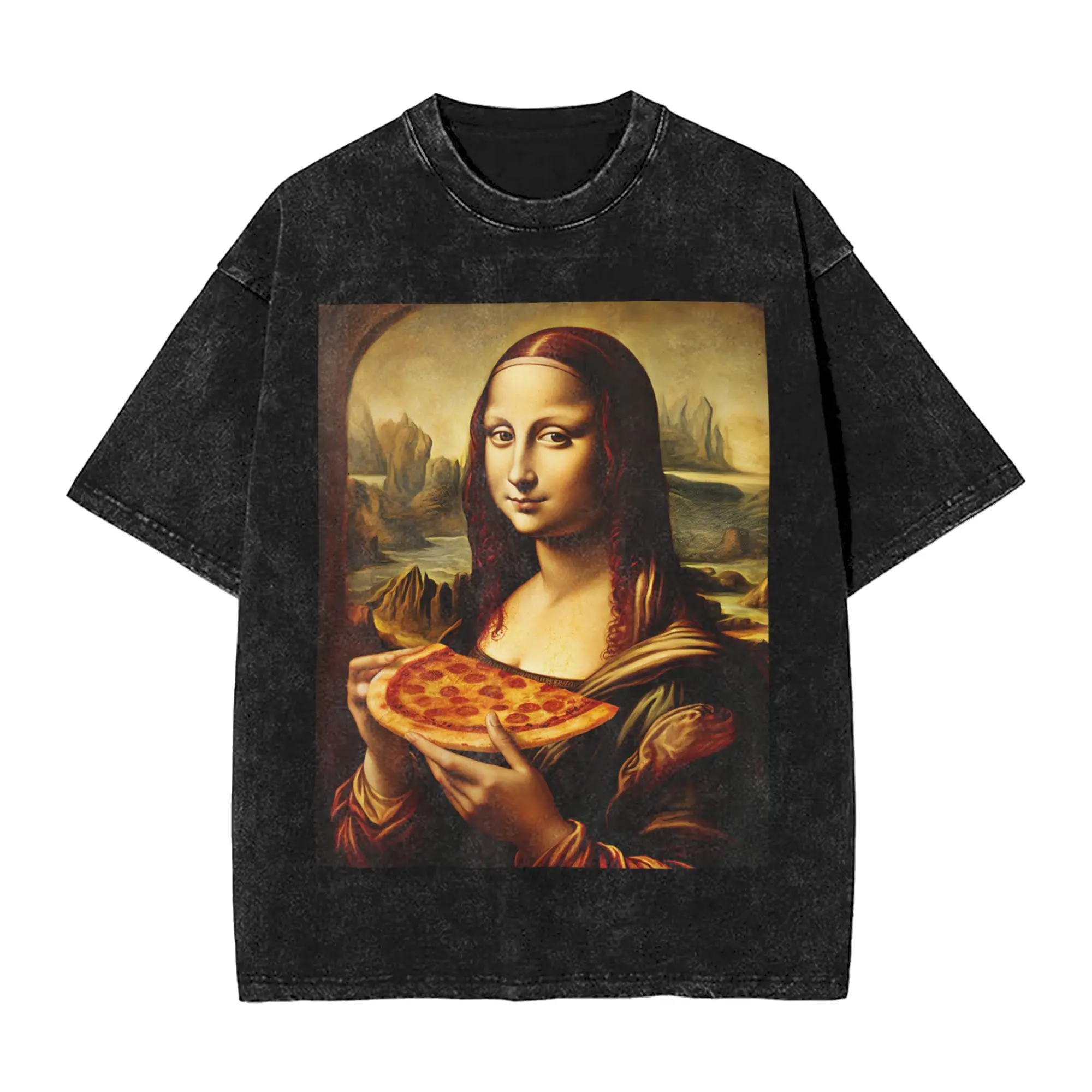 Men Funny Mona Lisa Pizza T Shirts  Clothes Summer Vintage Short Sleeve T Shirt O-Neck Hip Hop Pattern Tshirt Hot