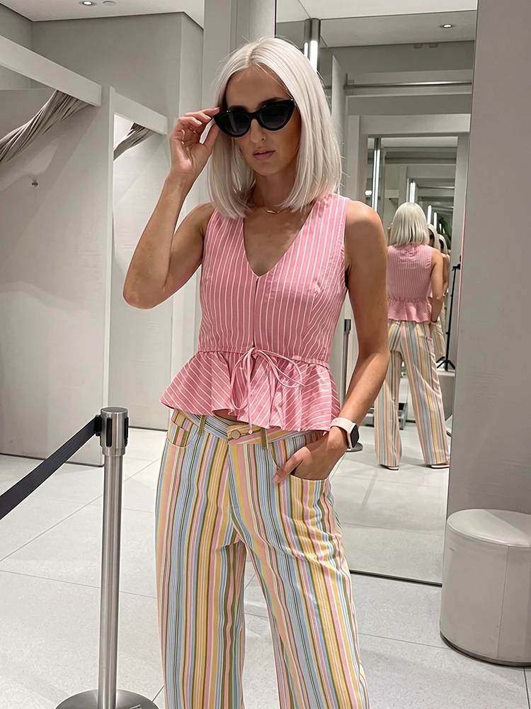 HH Summer Vacation Pastel Striped Wide Leg Pants High Waisted Multicolor Loose Trousers Casual Beach Office Festival Outfit