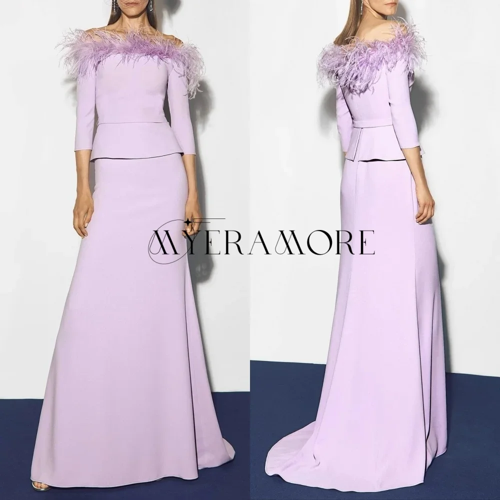 فساتين سهرة أرجوانية رائعة قبالة الكتف 3/4 كم حورية البحر ريشة فساتين حفلة موسيقية مخصصة فساتين السهرة