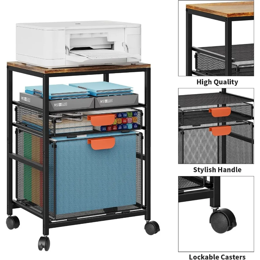 Rolling File Cabinet with Handle Mobile File Cabinet on Lockable Wheels for Efficient Office Filing Organization Printer Stand