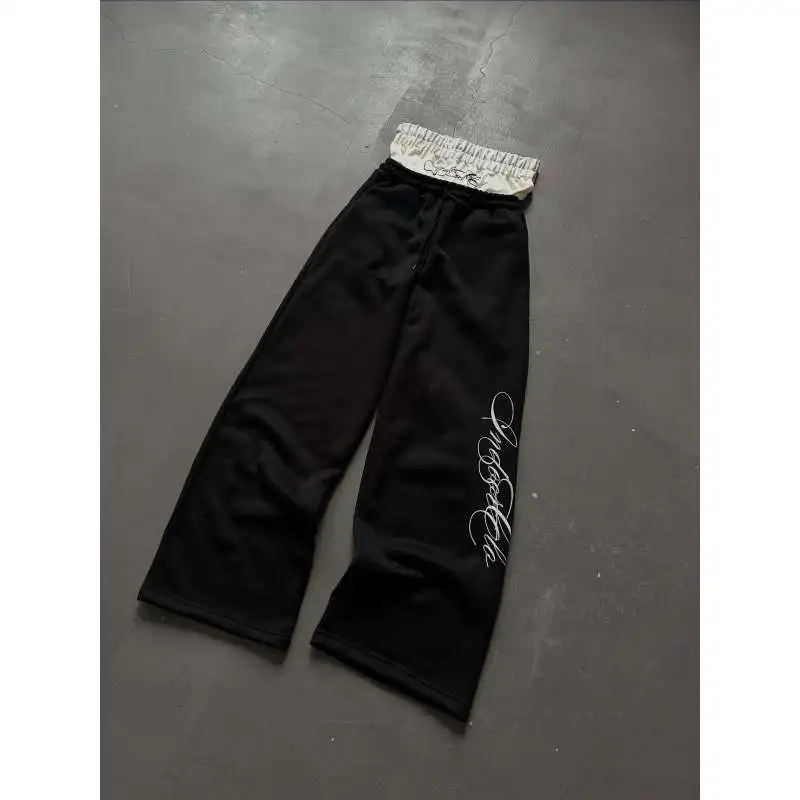 Joggers unissex cinza de grandes dimensões, calças de moletom com letra bordada, calças com cordão casual Y2K com cintura estampada, quadril H
