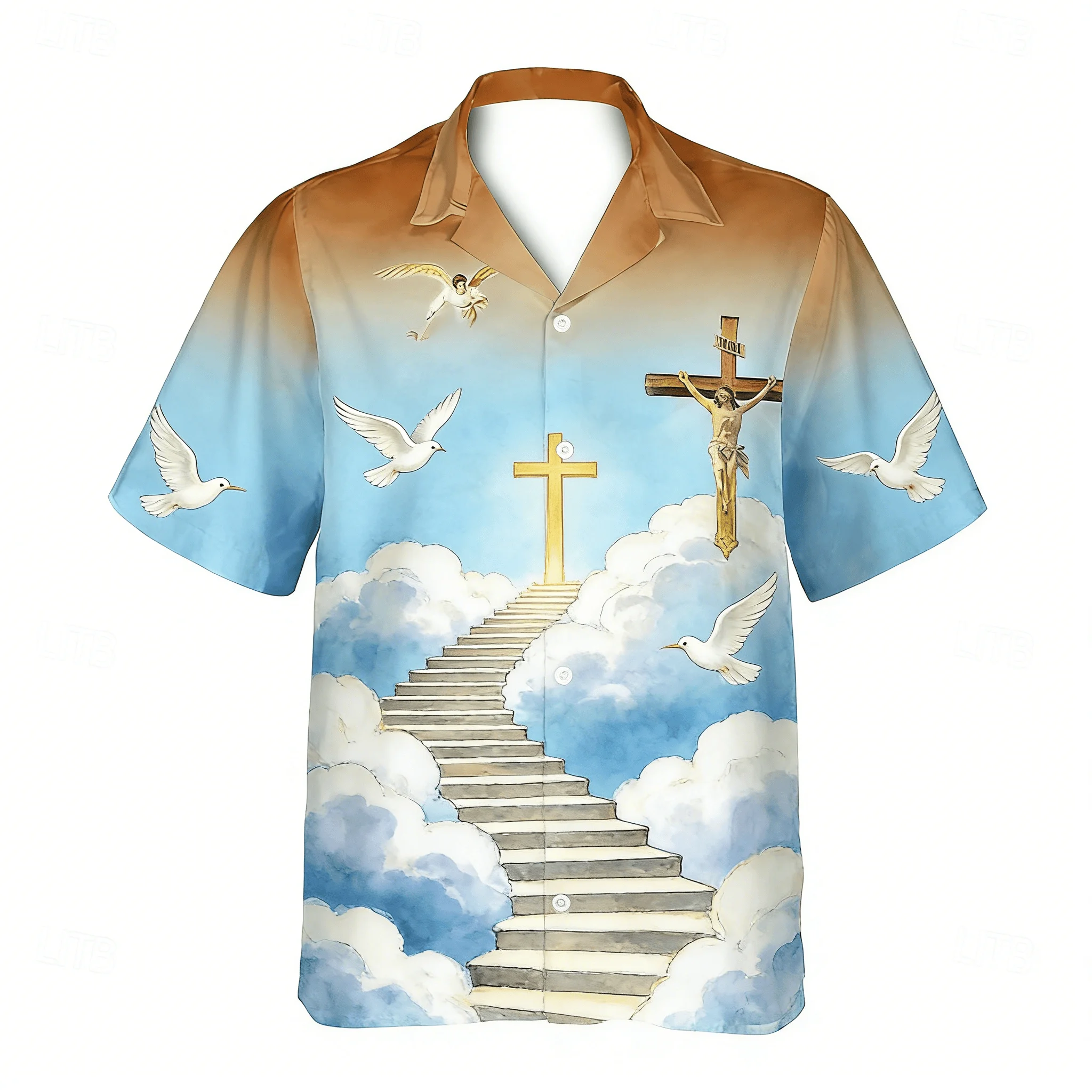 

Men's Christian Heaven Stairway Print Short Sleeve Shirt, Cross & Dove Religious Design Button Down for Spring Summer Casual