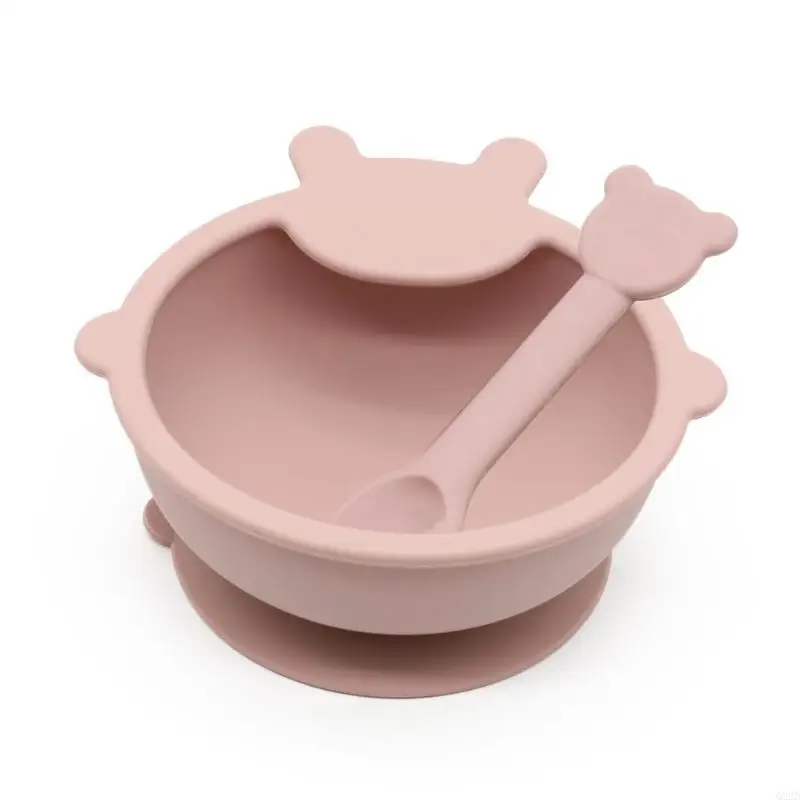 

Q22D 2 Pcs BPA Silicone Waterproof Baby Suction Bowl Training Spoon Set Non-Slip Learning Feeding Dish Plate
