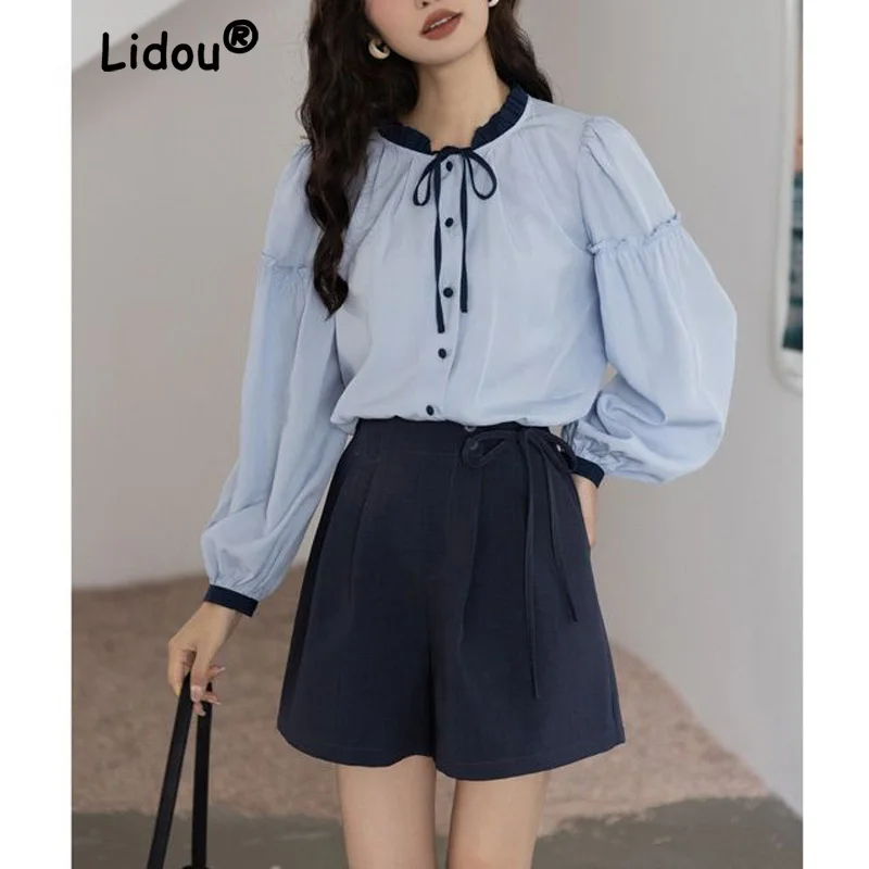 

Fashion Vintage Solid Color Butterfly Knot Lacing Single-breasted Blouse Womne New Classic Lantern Sleeve All-match Shirt 2022