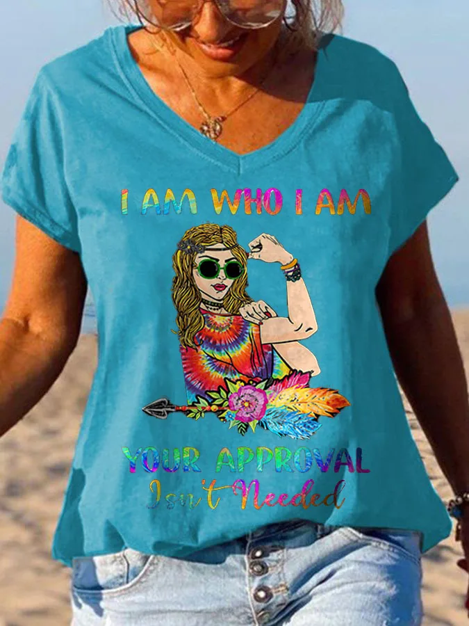 Vintage Hippie Colorful Print Short Sleeve T-Shirts Women's Summer V Neck T Shirt Casual Loose Tops Tees