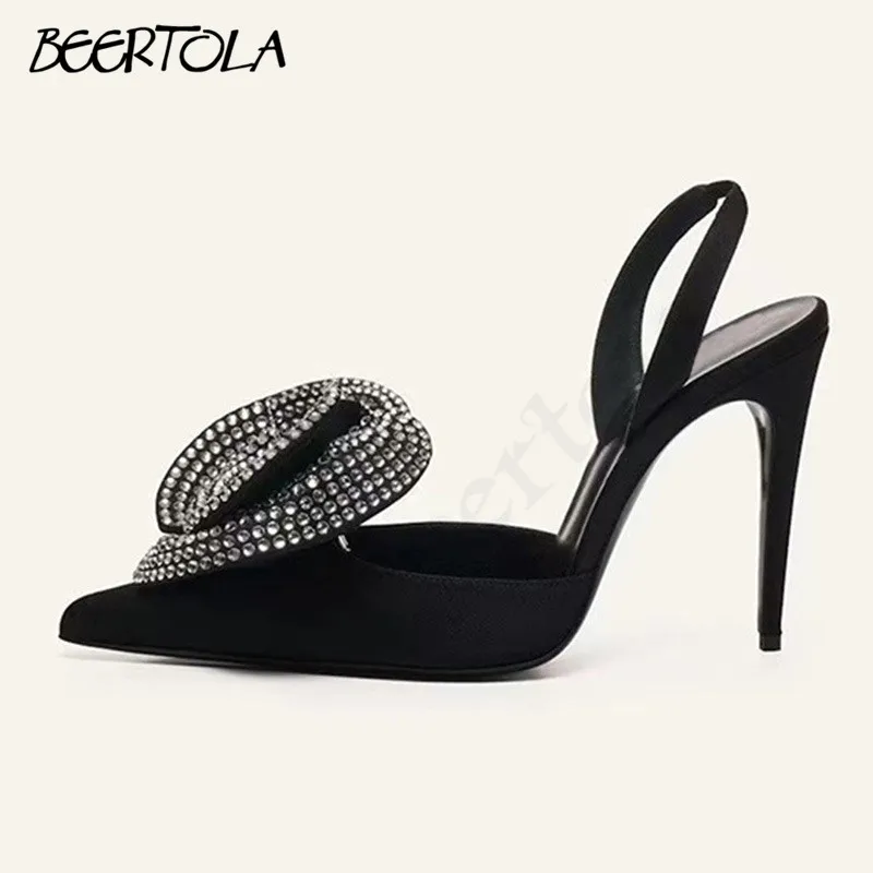 Women's Satin Rhinestone Rose Flower Pumps Pointed Toe Stiletto Hollow High Heels Large Size Temperament Fashion Sandals