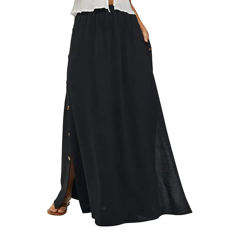 

Black Pocket Long Skirt Women Casual Commuting Button-Down