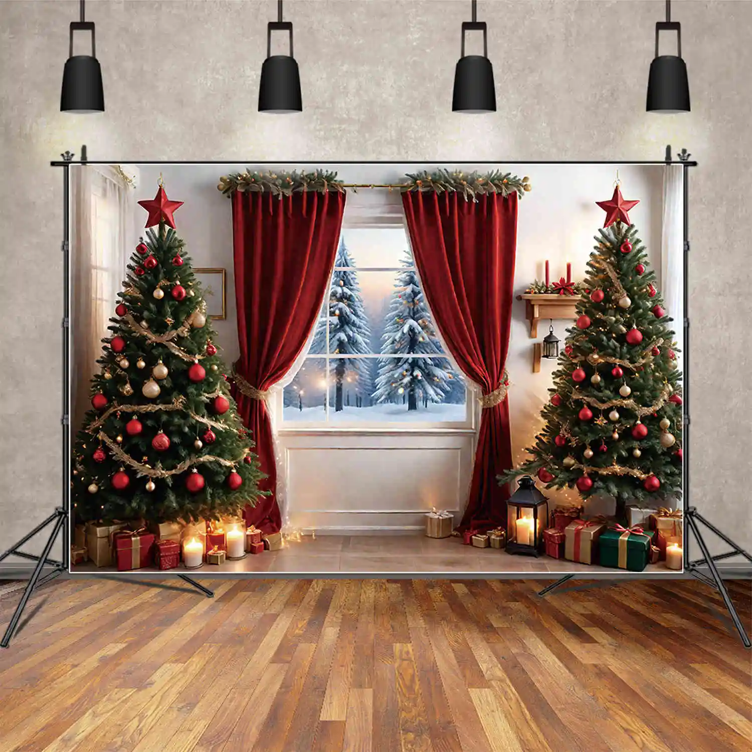 MOON.QG Christmas Background 2025 Home Decoration Photography Backdrop Xmas Fireplace Trees Gifts Child New Year Party Back Drop