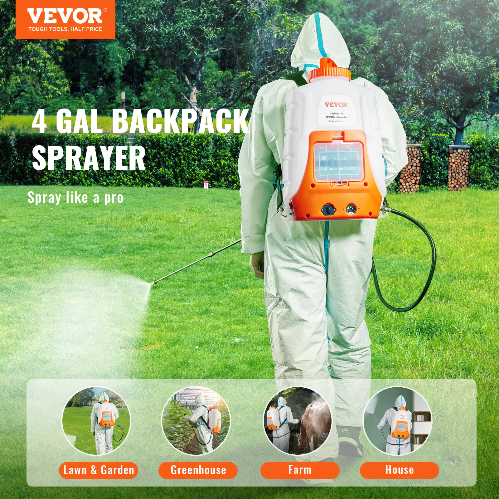 Vevor Accu-Aangedreven Rugzakspuit, 0-90 Psi Verstelbare Druk, 4 Gallon Tank,Back Pack Sproeier Met 8 Nozzles En 2 Wands