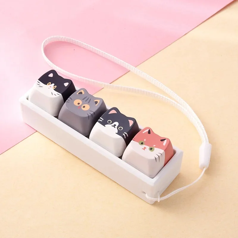 Cute Cat Relax Button Keycap, Kawaii Cat 4-Key Keyboard Fidget Toy for Friends Gift, Portable Fidget Keychain Fashion Bag Charm