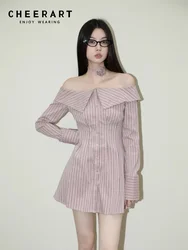 CHEERART Off The Shoulder Pink Striped Long Sleeve Shirt Dress For Women 2023 Tunics A Line Mini Button Dress Y2k Fashion