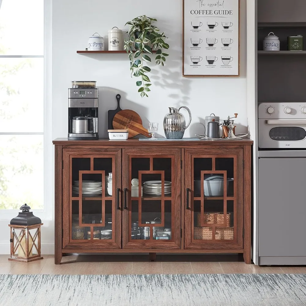 Großes Sideboard, Buffetschrank mit Stauraum, 55 Zoll Bauernhaus-Küche, Kaffee-Weinbar-Schrank mit 3 Glastüren, Holz aus der Mitte des Jahrhunderts