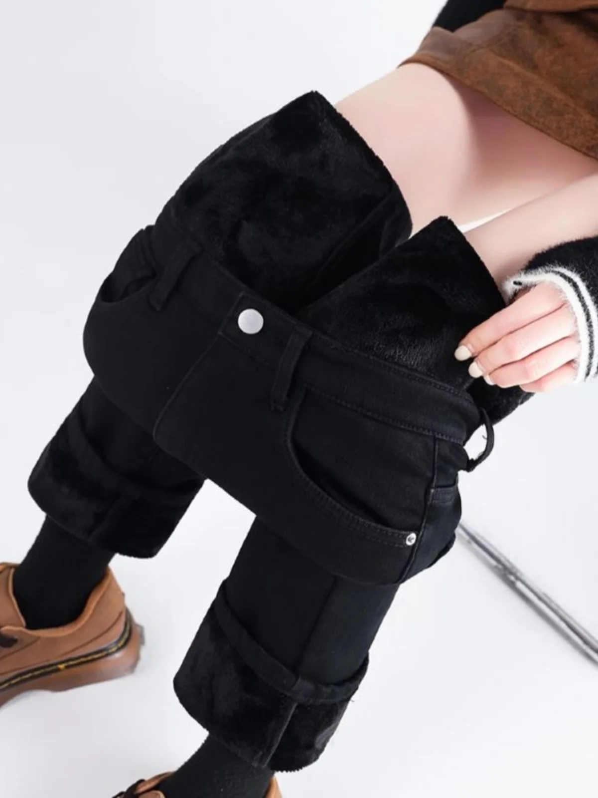 Bla Fce gevoerde Thi denim jeans dames hoge taille rechte pijpen slim fit negen punten broek herfst winter nieuwe Sle