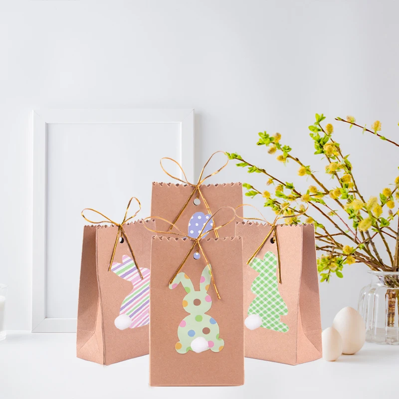 8pcs Easter Bunny Paper Bags for Kids Cute Rabbit Paper Gift Bag with Pompoms Ribbon Candy Treat Bags Easter Party Favor decor