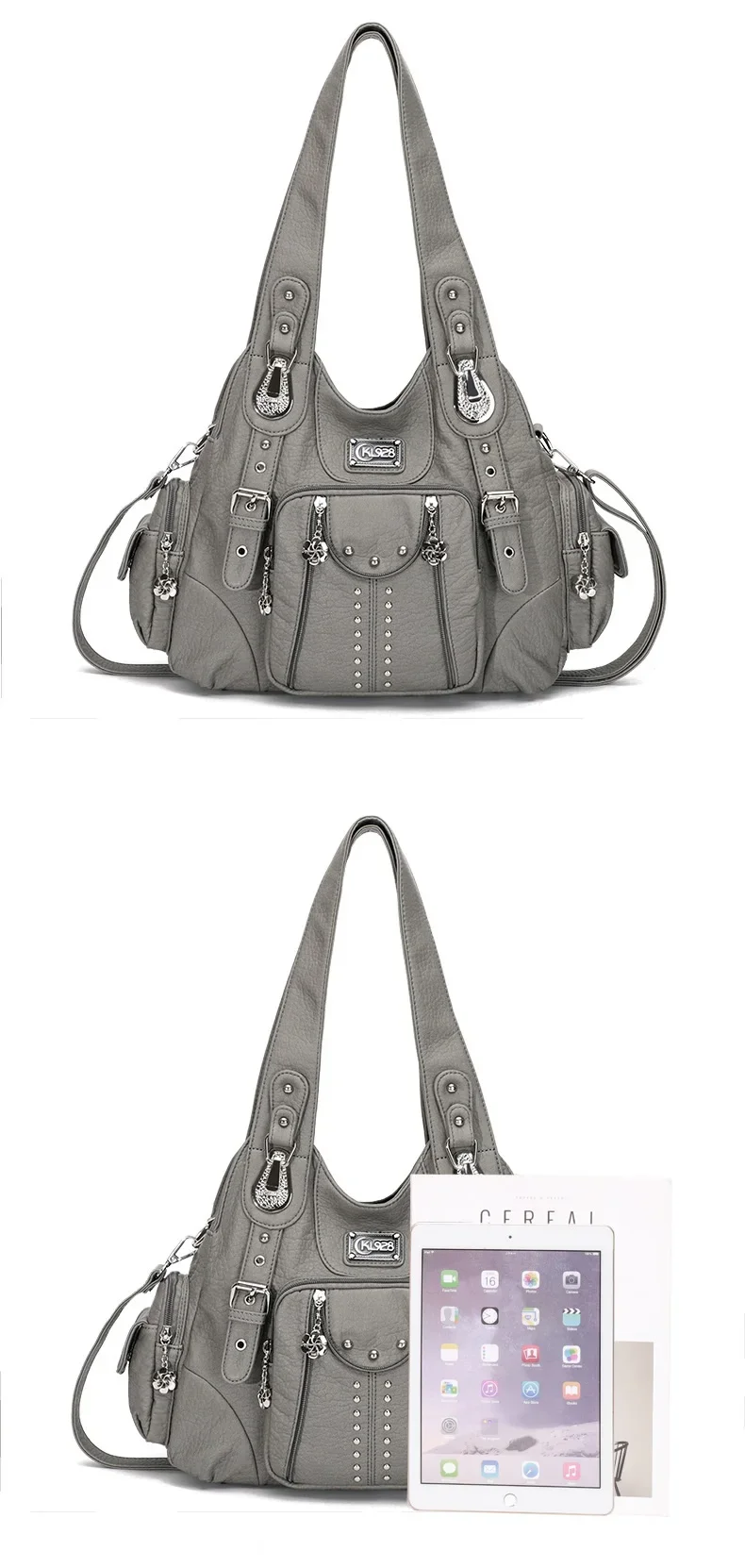 Damenhandtaschen, schwarze Vintage-Umhängetaschen, modische PU-Handtasche, Angel Kiss, Damen-Satchel, große Umhängetasche, feminina. – Detail 5