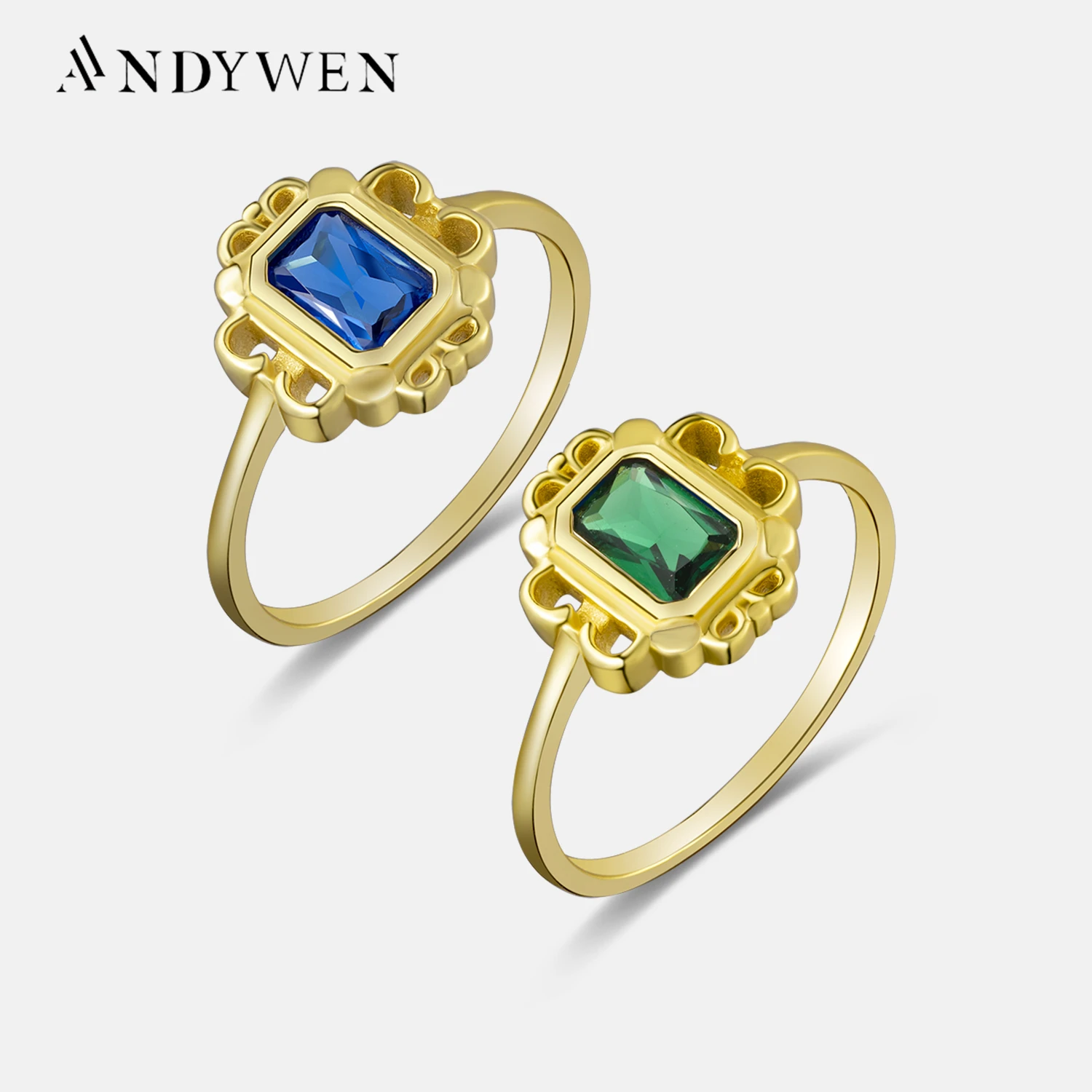 

ANDYWEN 100% 925 Sterling Silver Gold Blue Green CZ Ring Zircon Anillo Marcela Iolita Women Rainbow CZ Luxury Jewelry Gift