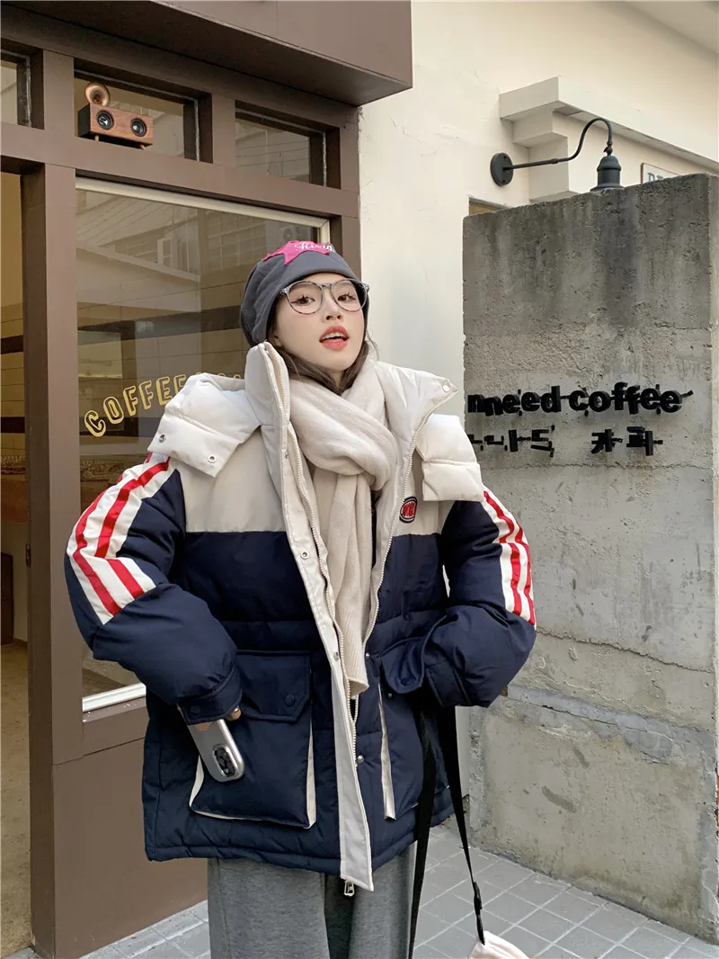 Straight Women's Cotton Jacket 2023 Autumn Winter Korean Style Hooded  Patchwork Thicken Bread Coat Lady Girl Warm Streetwear